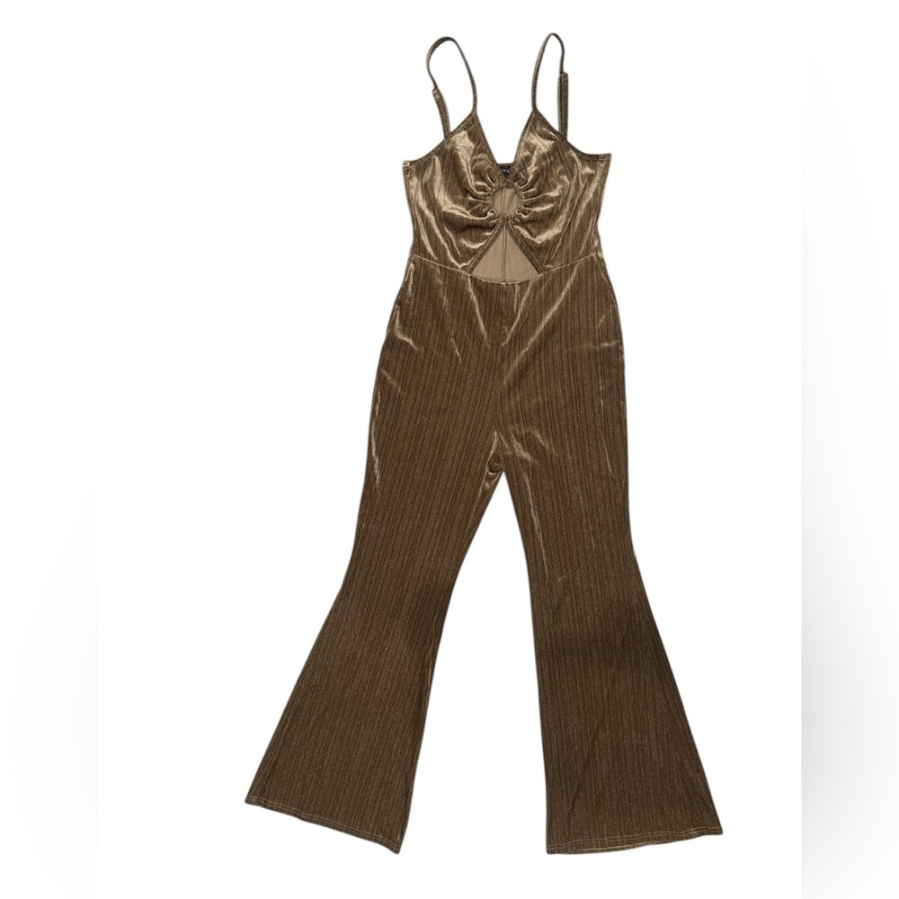 Cider Metallic Gold Cutout Flare Jumpsuit